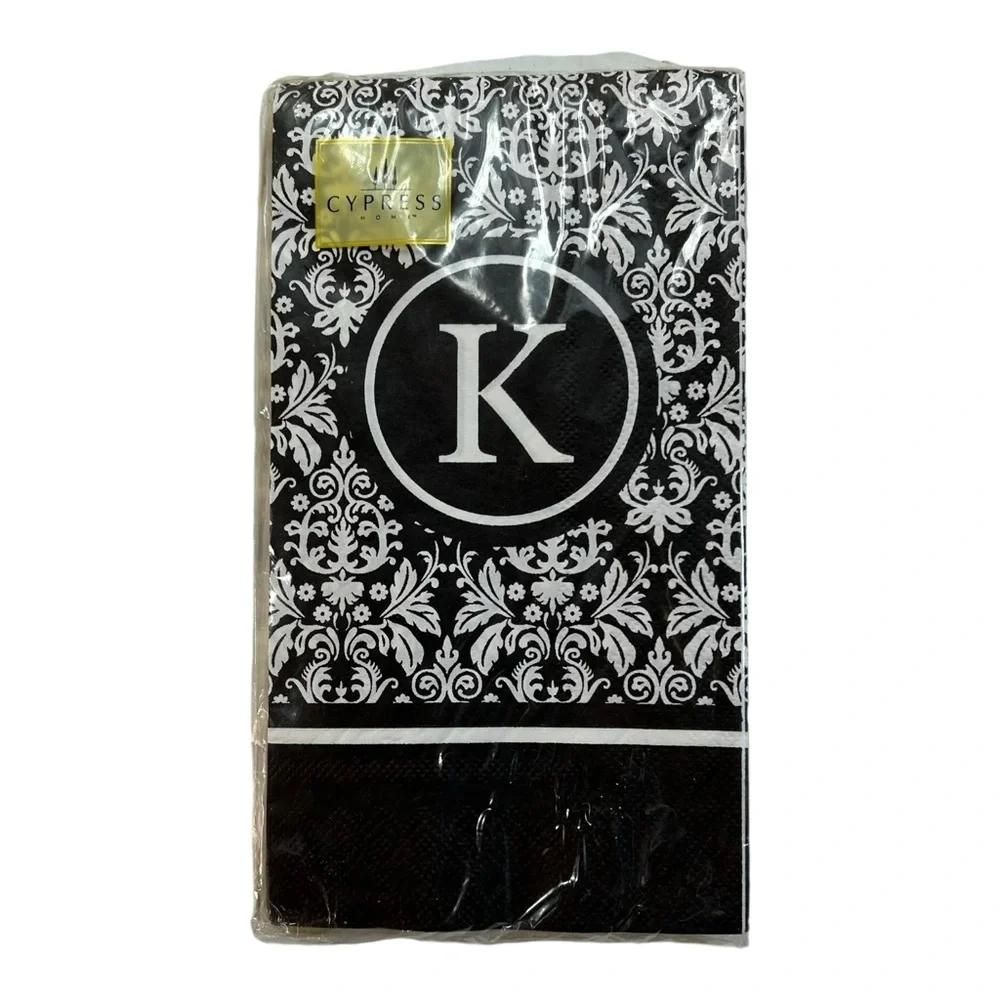 Set (2) Cypress Home Paper Napkins Guest Towels “K” Initial Monogram Black White